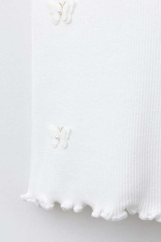 T-SHIRT CÔTELÉ PAPILLONS ET FLEURS