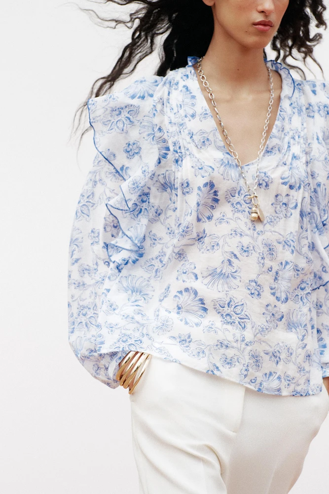 PRINTED RUFFLE PINTUCK BLOUSE