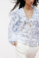 PRINTED RUFFLE PINTUCK BLOUSE