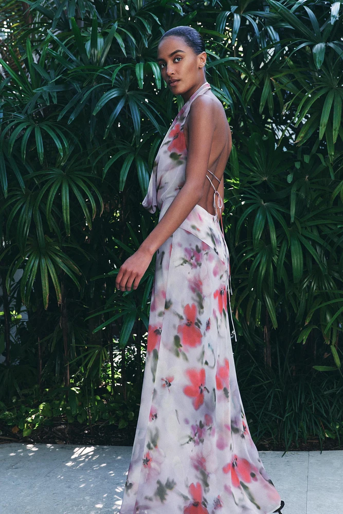 PRINTED MIDI HALTER DRESS