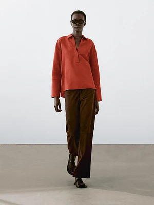 Linen blend blouse with polo collar