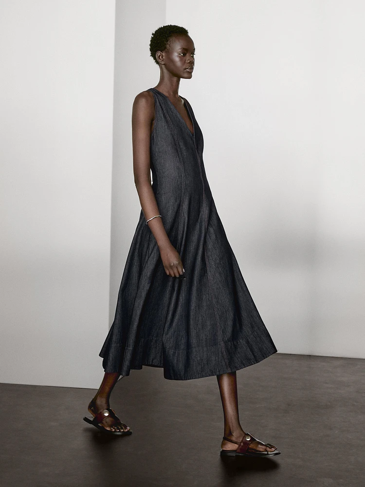 Robe midi denim coutures apparentes