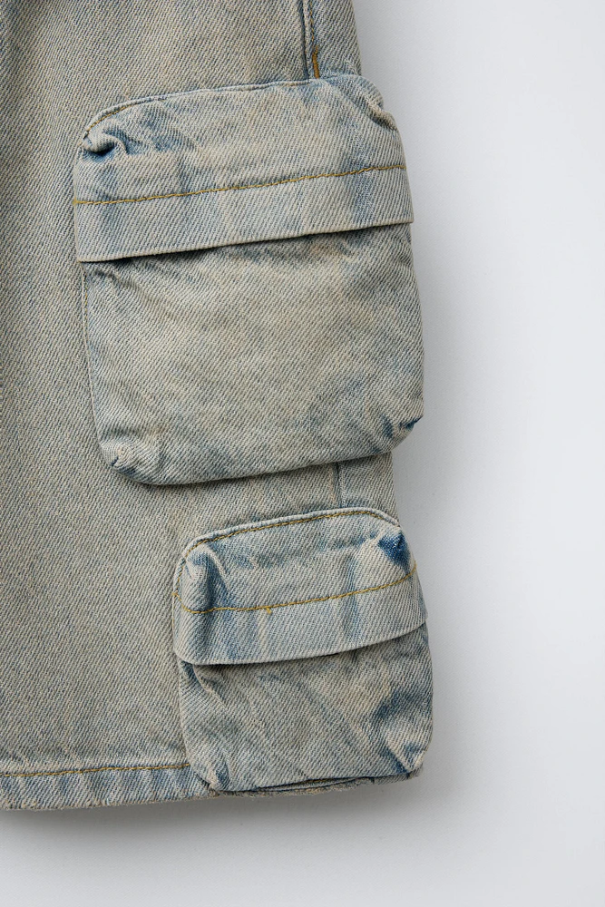 MULTI-CARGO WASHED DENIM SHORTS