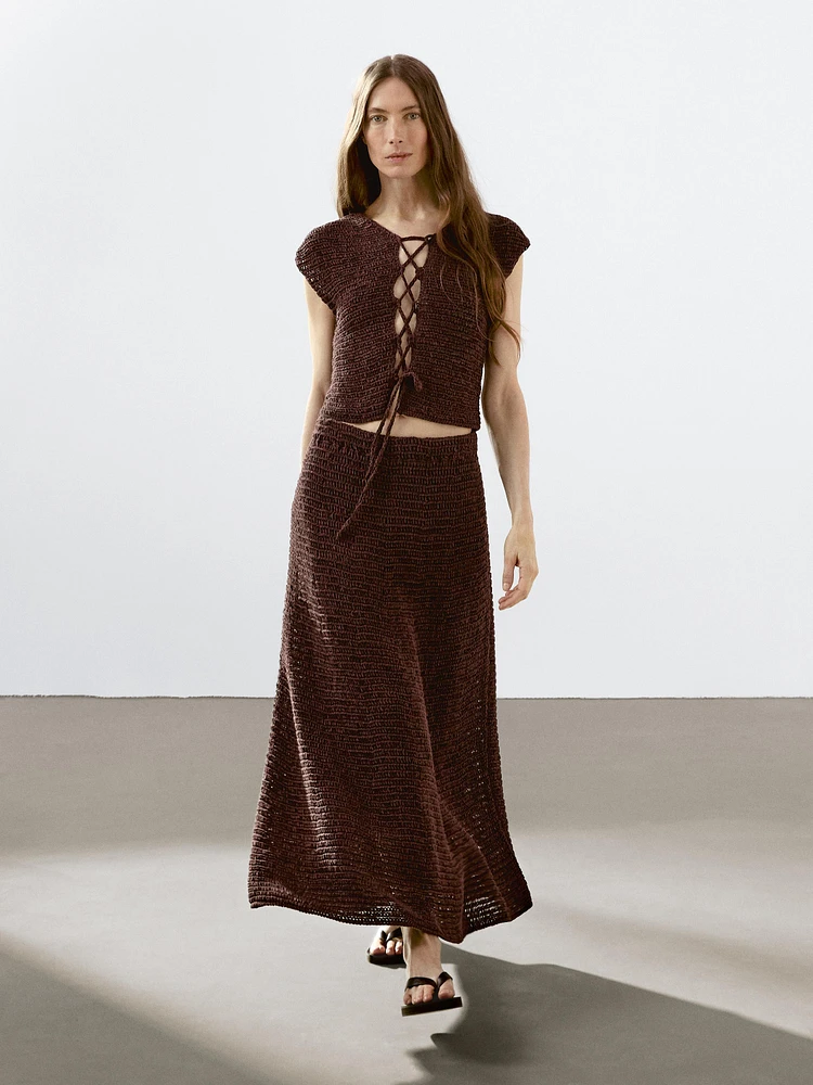 Cotton blend crochet midi skirt