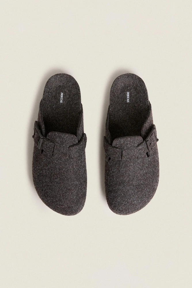 BUCKLED FELT MULE CLOG SLIPPERS