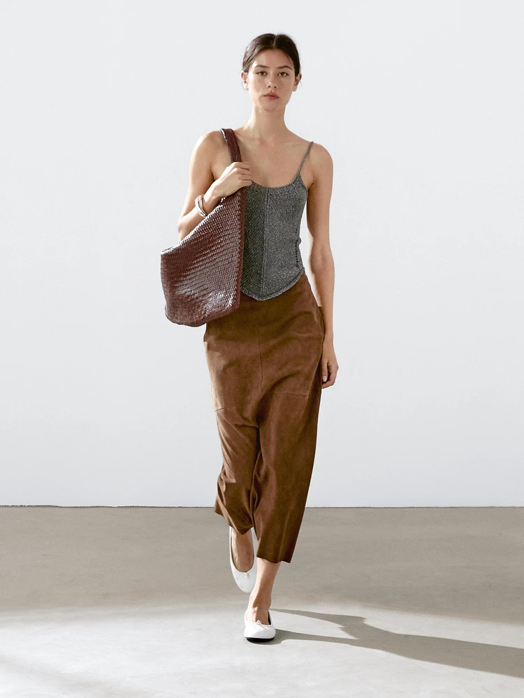 Suede leather midi skirt