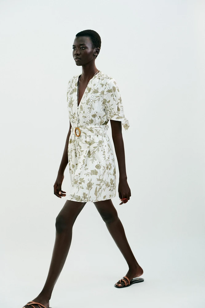 PRINTED MINI DRESS WITH OPENWORK EMBROIDERY
