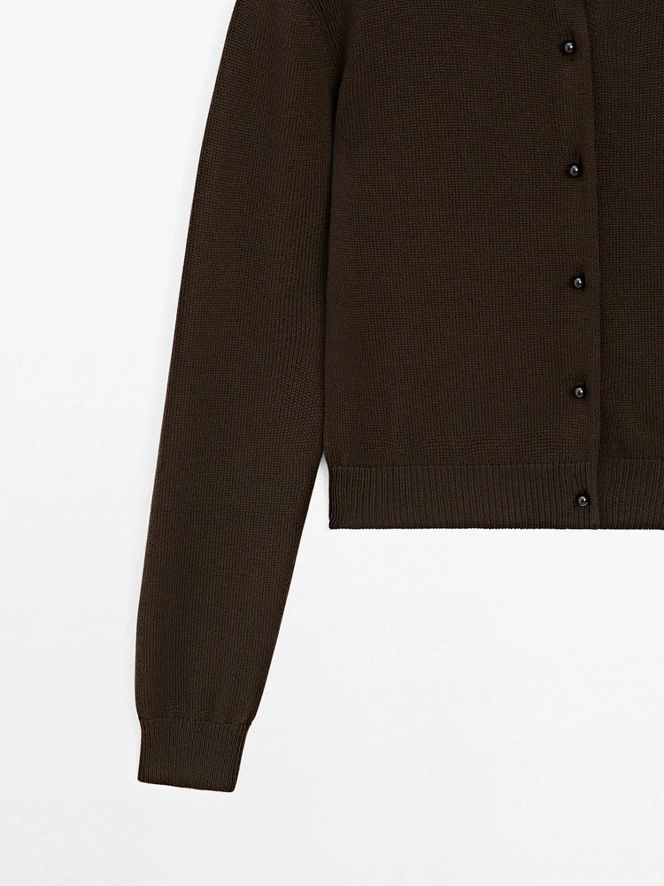 Knit cardigan with rhinestone button detail