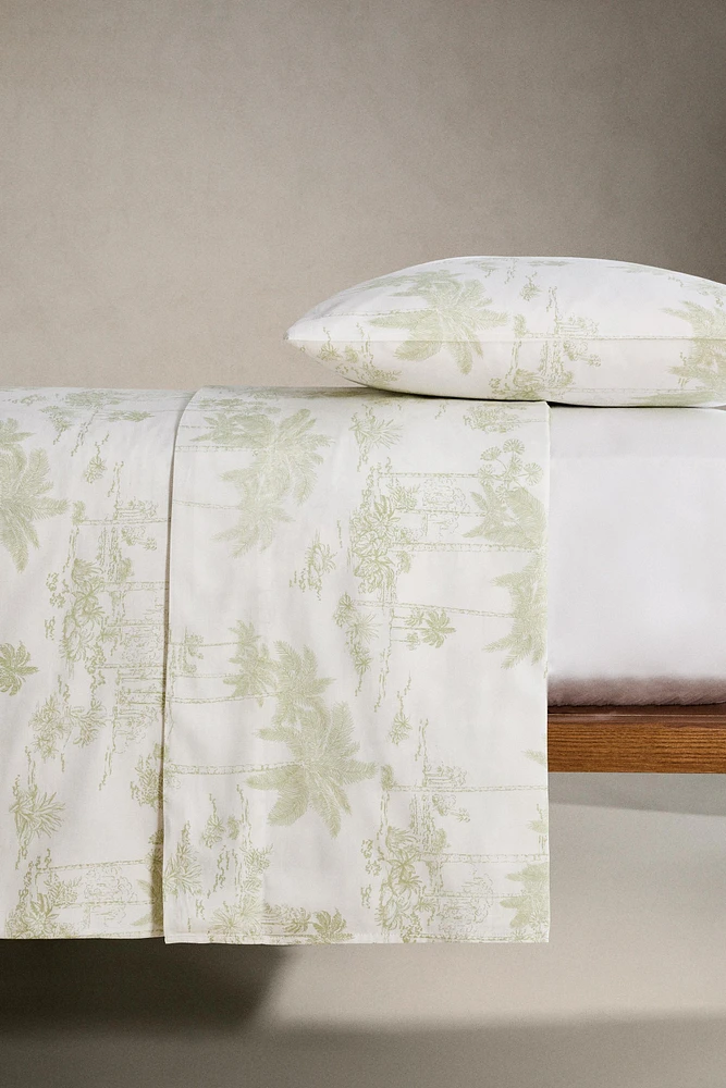 TOILE DE JOUY SATEEN FLAT SHEET WITH PALM TREES