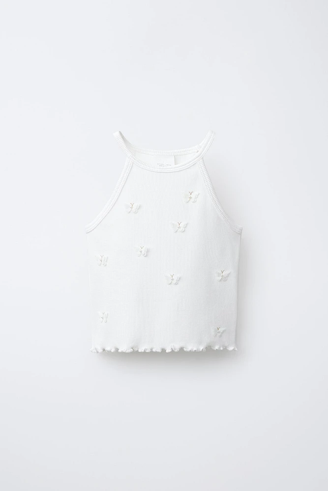 T-SHIRT CÔTELÉ PAPILLONS ET FLEURS
