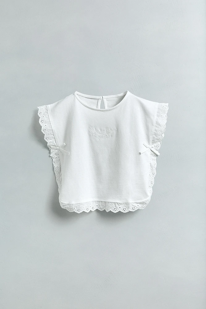 FLORAL EMBROIDERED BOW BLOUSE