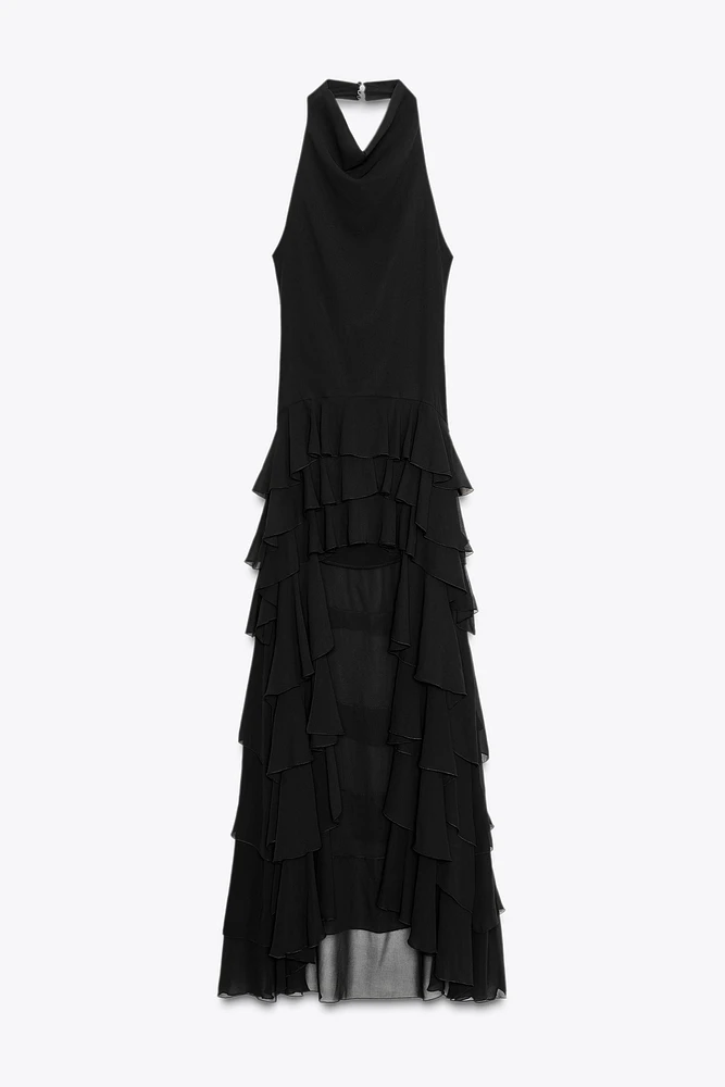 HALTER RUFFLE MAXI DRESS