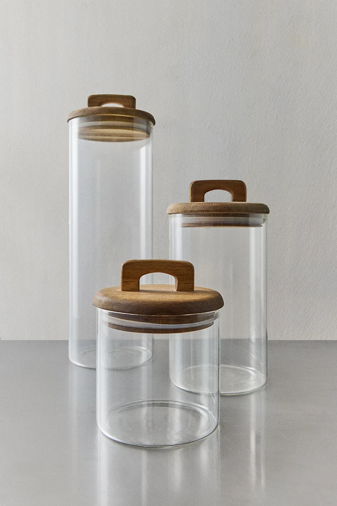 BOROSILICATE GLASS AND WOOD STORAGE JAR