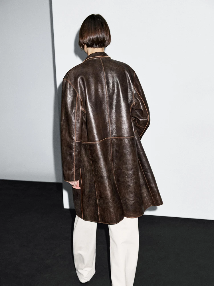 Manteau en cuir nappa effet usé