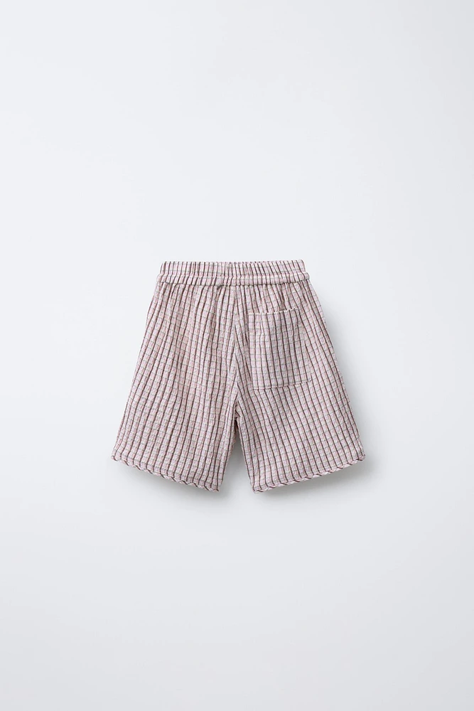 TEXTURED PLAID WIDE-LEG SHORTS