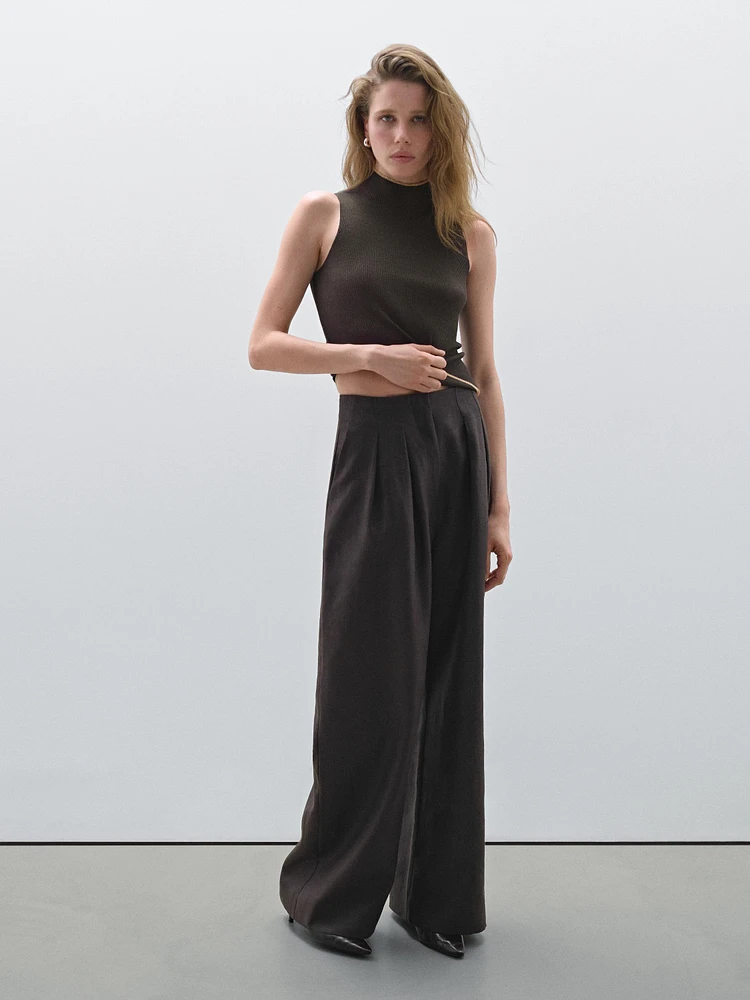 Wide-leg linen trousers with double darts - Studio