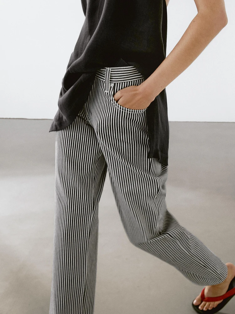 Striped low-rise straight-leg jeans
