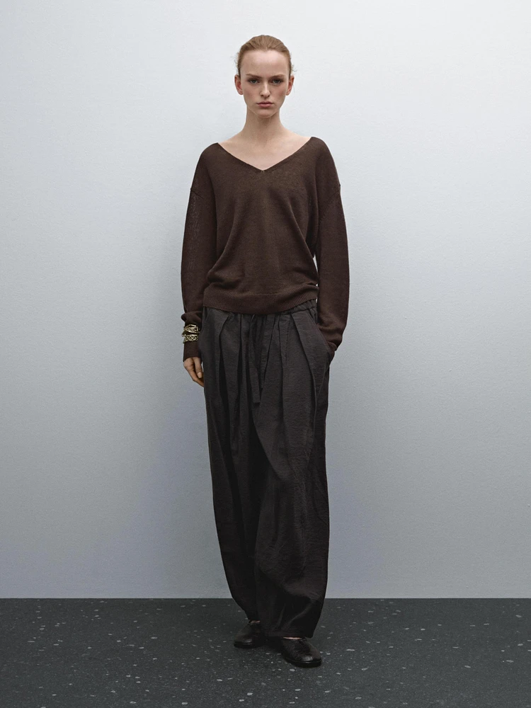 Pull en maille à col V 100 % lin