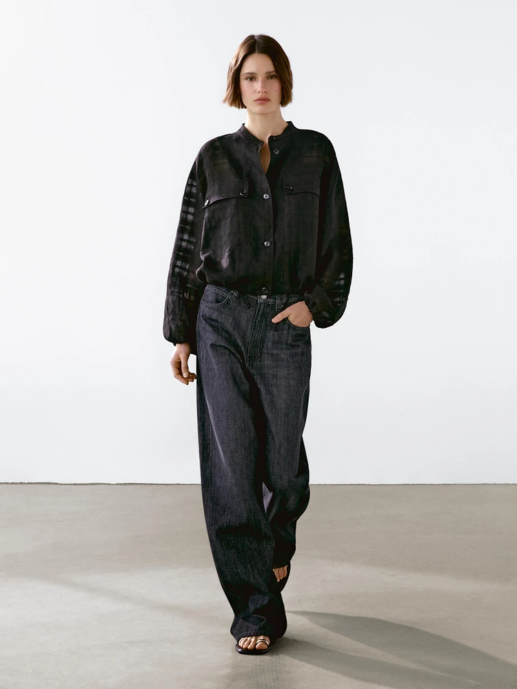 Linen blend check bomber jacket