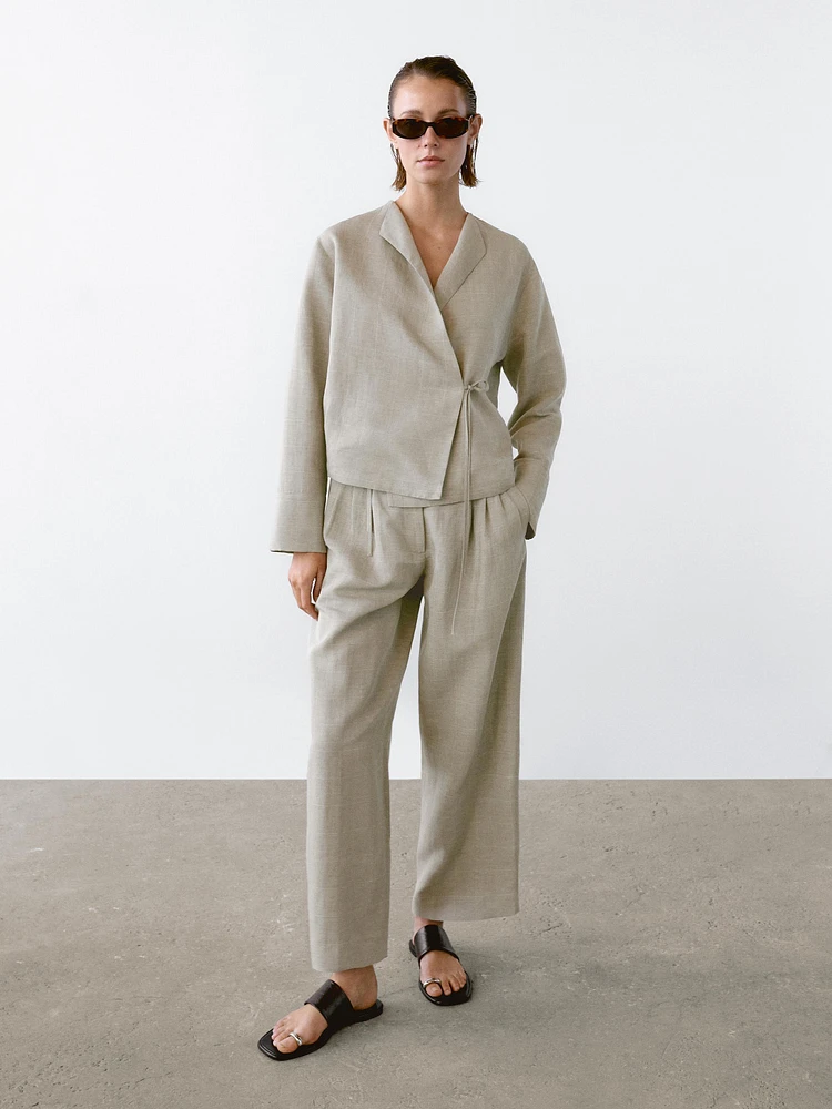 Linen blend check print kimono