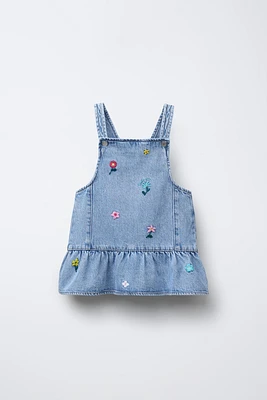 EMBROIDERED FLORAL DENIM PINAFORE DRESS