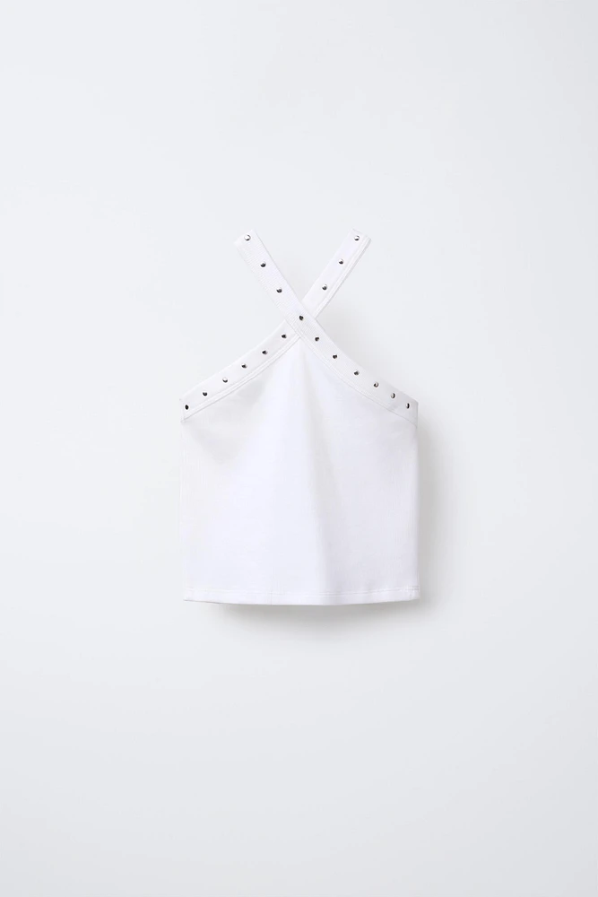 RIBBED HALTER STUDDED TOP