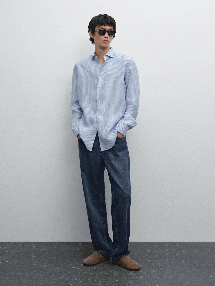 Regular fit striped 100% linen shirt