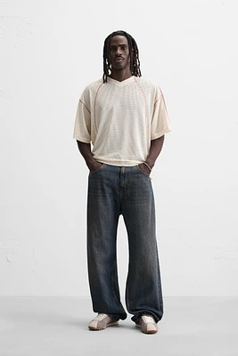 CONTRAST OPEN KNIT T-SHIRT