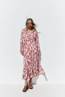 PRINTED MIDI DRESS WITH EMBROIDERED EYELETS