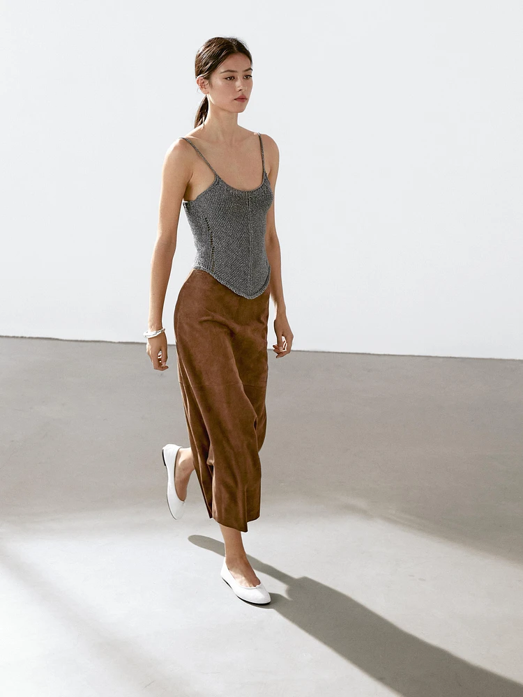 Suede leather midi skirt