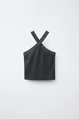 WASHED-EFFECT STUDDED HALTER TOP