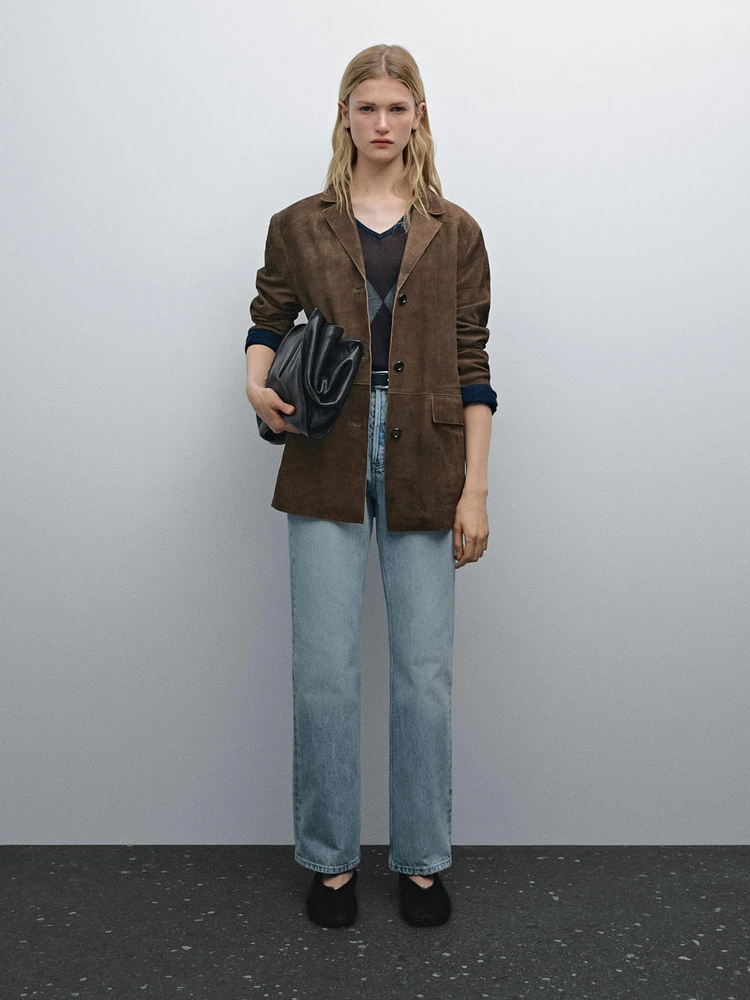 Suede leather blazer with pockets