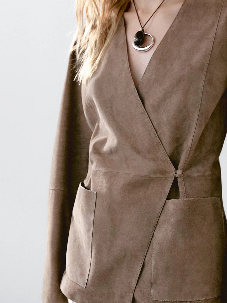 Crossover suede leather kimono