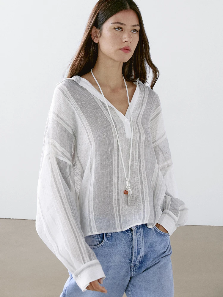 Flowing striped linen blend blouse