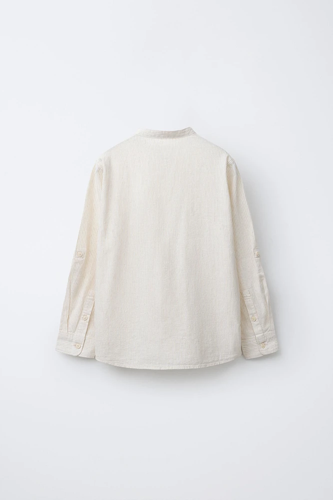 STRIPED LINEN MANDARIN COLLAR SHIRT