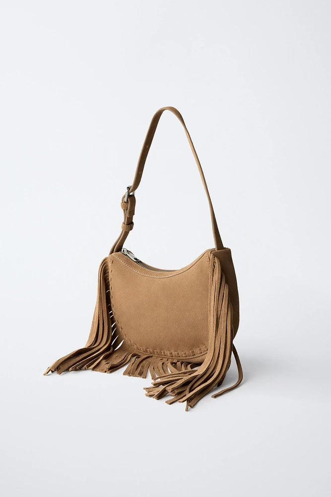 SAC ÉPAULE FRANGES CROÛTE DE CUIR