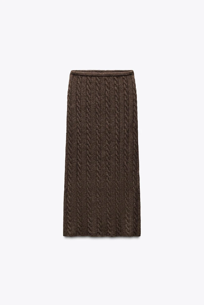 JUPE MI-LONGUE EN MAILLE TRESSÉE AVEC LAINE