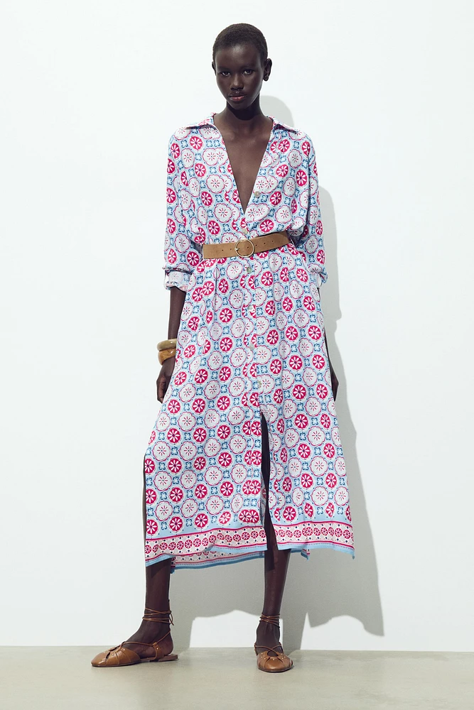 BELTED PRINT MIDI DRESS