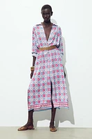 BELTED PRINT MIDI DRESS