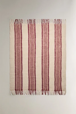 BRUSHED BLANKET WITH CENTRAL STRIPES AND FRINGING