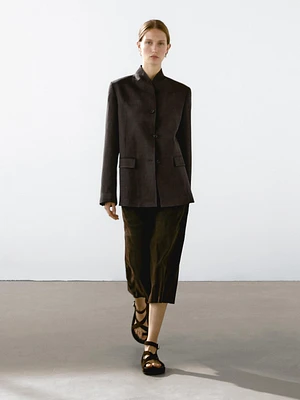 Linen blend high neck blazer
