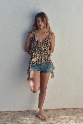PRINTED TULLE RUFFLE TOP