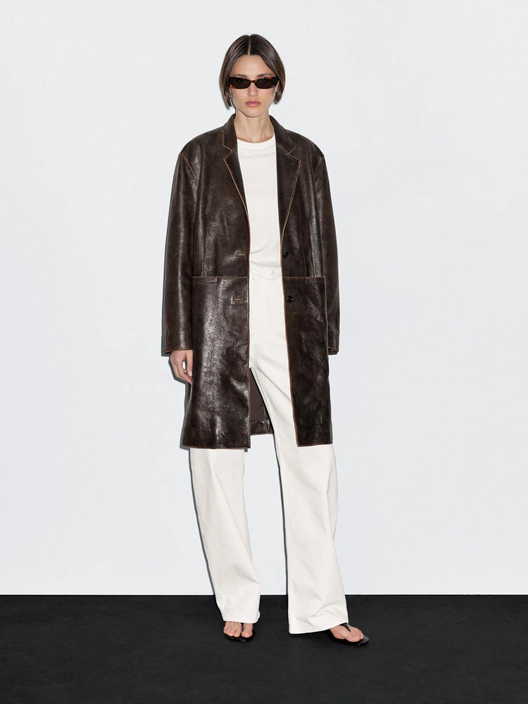 Manteau en cuir nappa effet usé