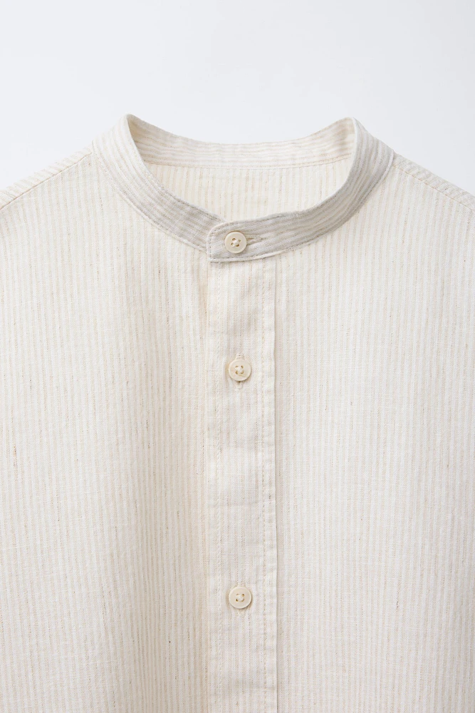 STRIPED LINEN MANDARIN COLLAR SHIRT