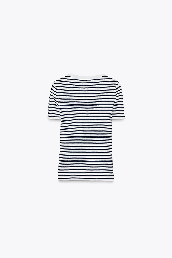 SHORT SLEEVE STRIPED KNIT TOP