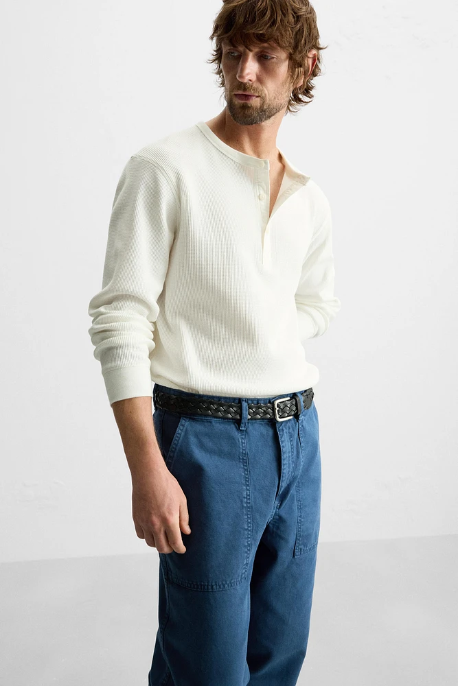 BUTTON-NECK CHECKERED T-SHIRT
