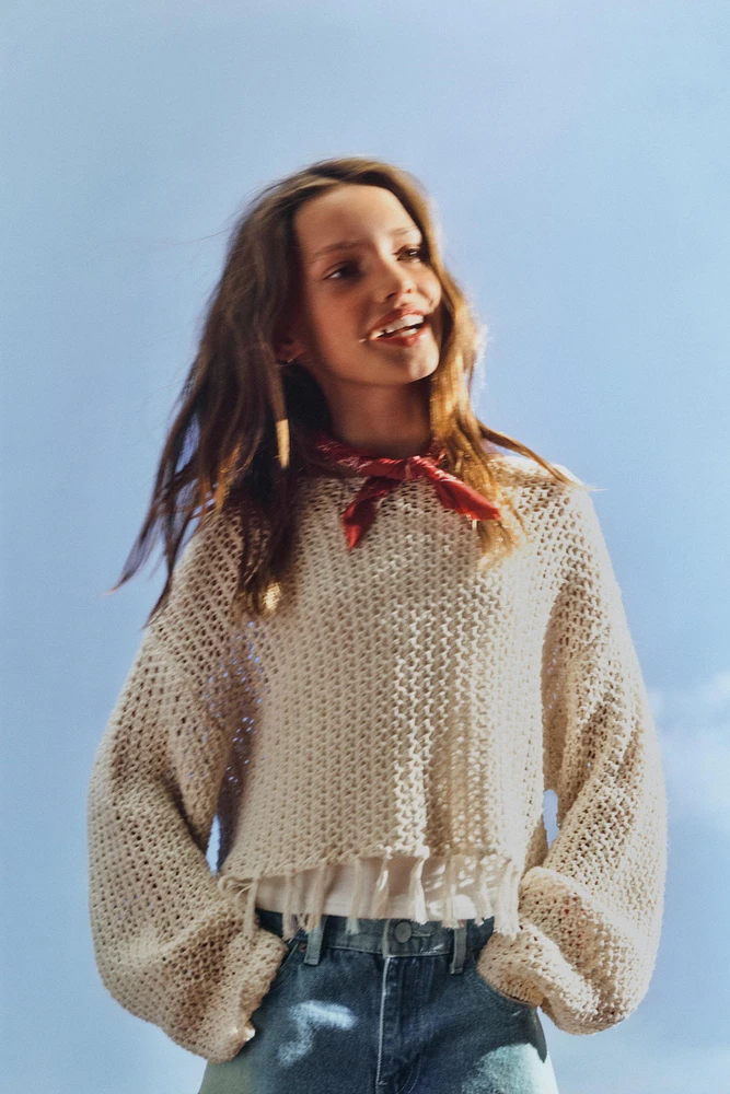FRINGED MESH KNIT SWEATER