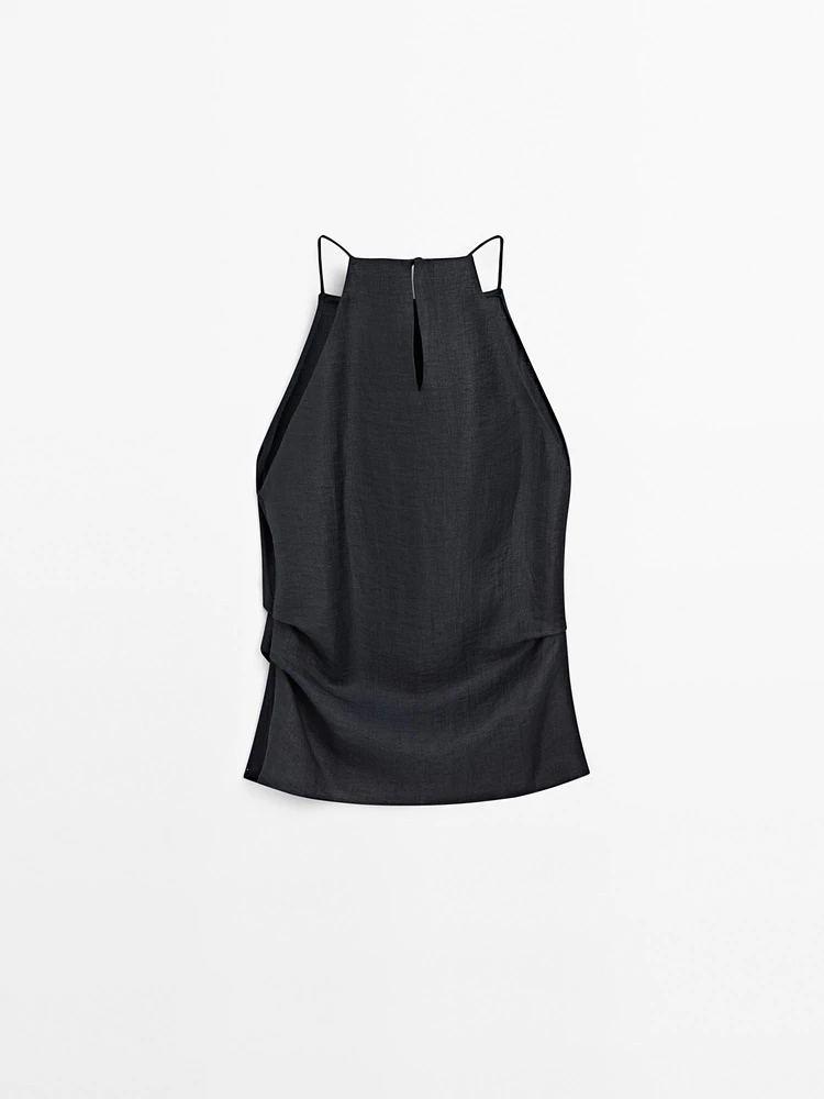 Linen blend halter top with straight neckline