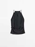 Linen blend halter top with straight neckline