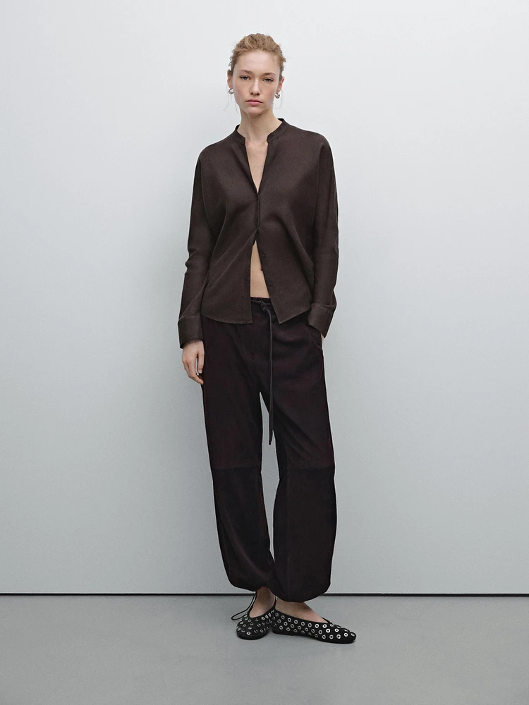Flowing linen shirt with stand collar